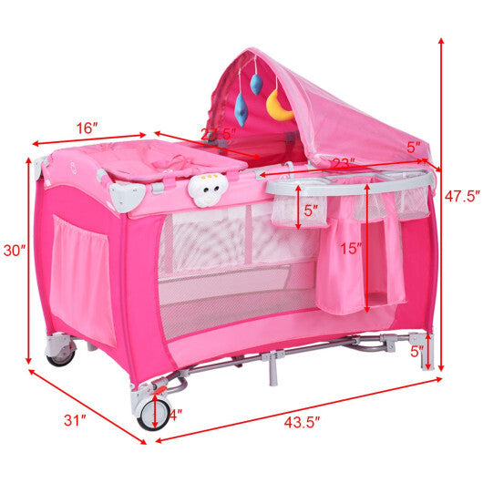 Costway Foldable Baby Crib Playpen Travel Infant Flat Bassinet Bed Mosquito Net Music with Bag Pink LuxuryLifeWay Online Store