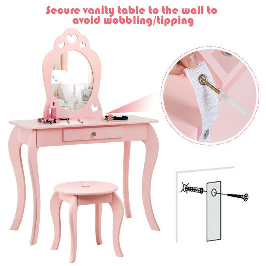 Costway Kids Princess Makeup Dressing Play Table Set with Mirror -Pink LuxuryLifeWay Online Store