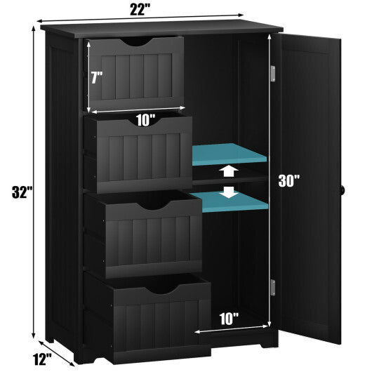 Costway Bathroom Storage Wooden 4 Drawer Cabinet Cupboard 2 Shelves Free Standing Black LuxuryLifeWay Online Store