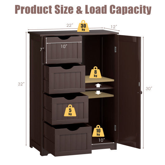 Costway Bathroom Storage Wooden 4 Drawer Cabinet Cupboard 2 Shelves Free Standing Brown LuxuryLifeWay Online Store