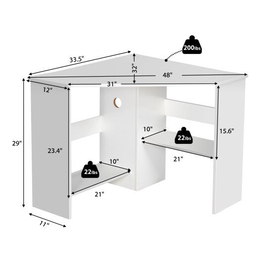 Costway Corner Computer Desk Triangle Writing Workstation with Storage Shelf White LuxuryLifeWay Online Store