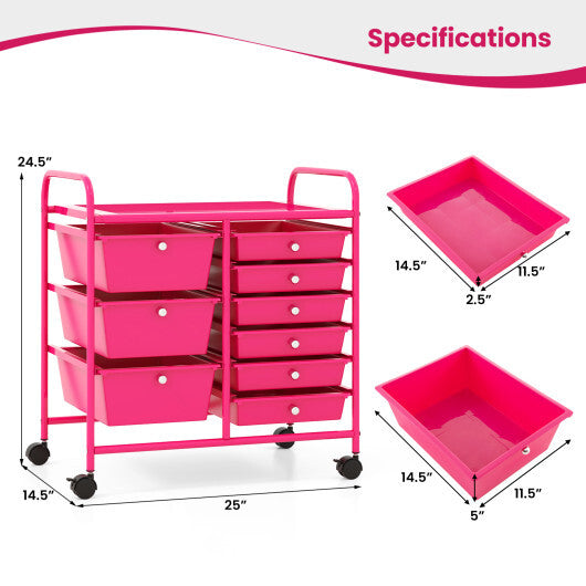 Costway 9-Drawer Rolling Storage Cart with Colorful Drawers and Metal Frame-Light Pink LuxuryLifeWay Online Store