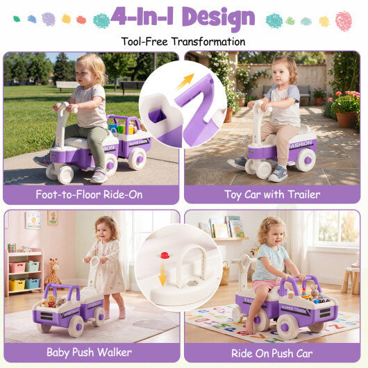 Costway 4 in 1 Ride on Push Car with Music and Under-Seat Storage for Boys Girls-Purple
