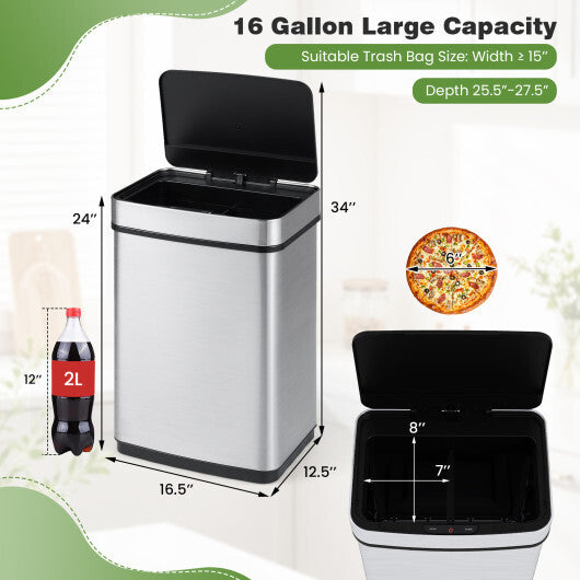 Costway 16 Gallon Trash Can Infrared Motion Sensor Garbage Can with Dual Compartments-Silver LuxuryLifeWay Online Store