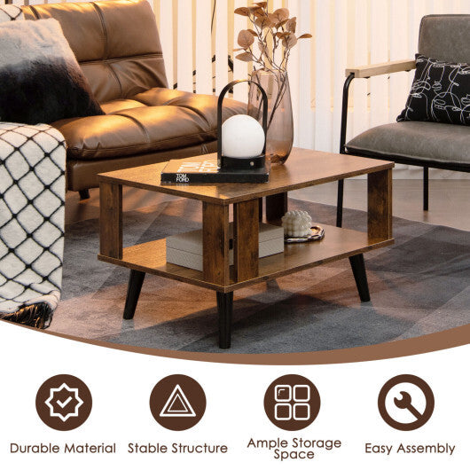 Costway Compact Retro Mid-Century Coffee Table with Storage Open Shelf-Rustic Brown LuxuryLifeWay Online Store