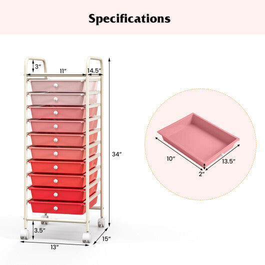 Costway 10 Drawer Rolling Storage Cart Organizer with 4 Universal Casters-Gradient Pink LuxuryLifeWay Online Store