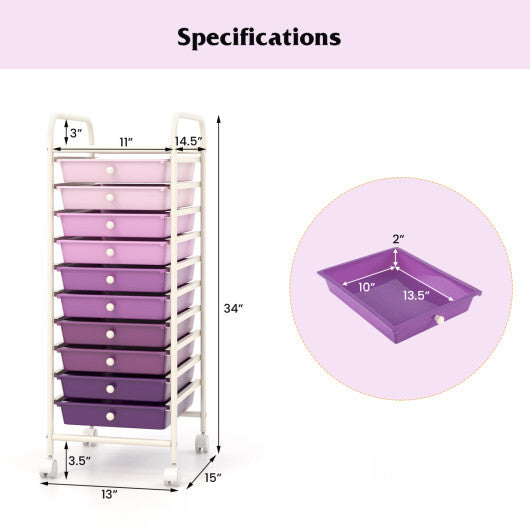 Costway 10 Drawer Rolling Storage Cart Organizer with 4 Universal Casters-Purple LuxuryLifeWay Online Store