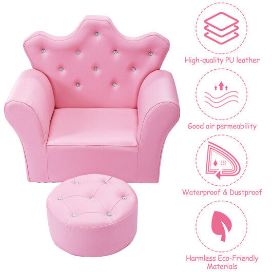 Costway Pink Kids Sofa Armrest Couch with Ottoman-Pink LuxuryLifeWay Online Store