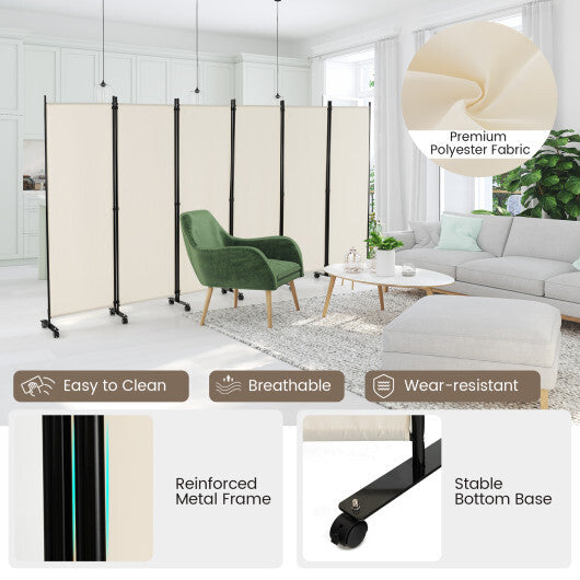 Costway 6 Panel 5.7 Feet Tall Rolling Room Divider on Wheels-White LuxuryLifeWay Online Store