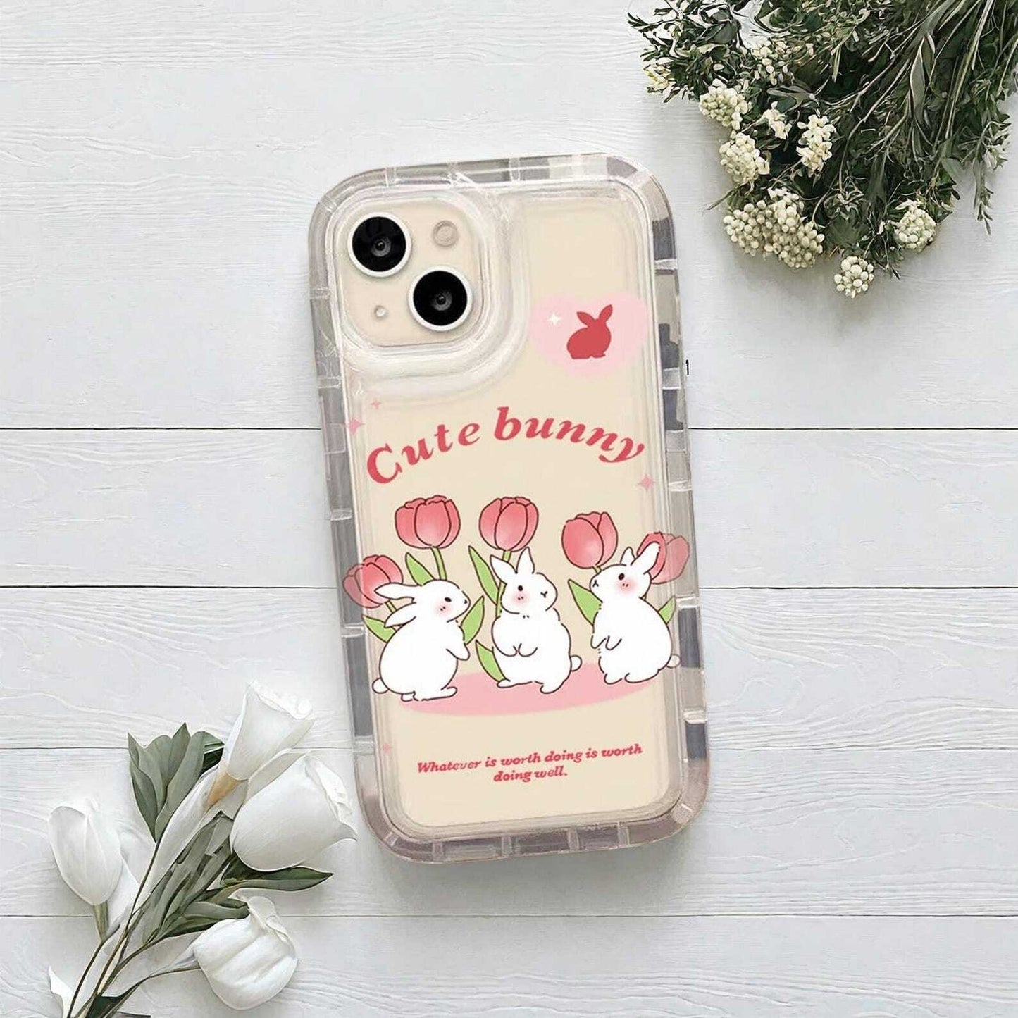 Cute Rabbit Flower Colorful Case for iPhone 15 14 13 12 11 Pro Max Plus - Shockproof Transparent Protective Cover with Fun Design LuxuryLifeWay Online Store