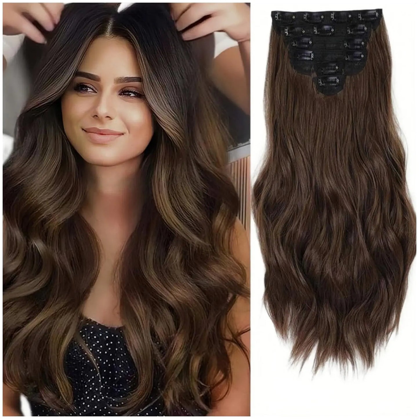 REAUTCOORS Clip in Hair Extensions Long Wavy Synthetic Hair Extension22 Inch 6PCS Chocolate brown (220G 4#Chocolate brown)
