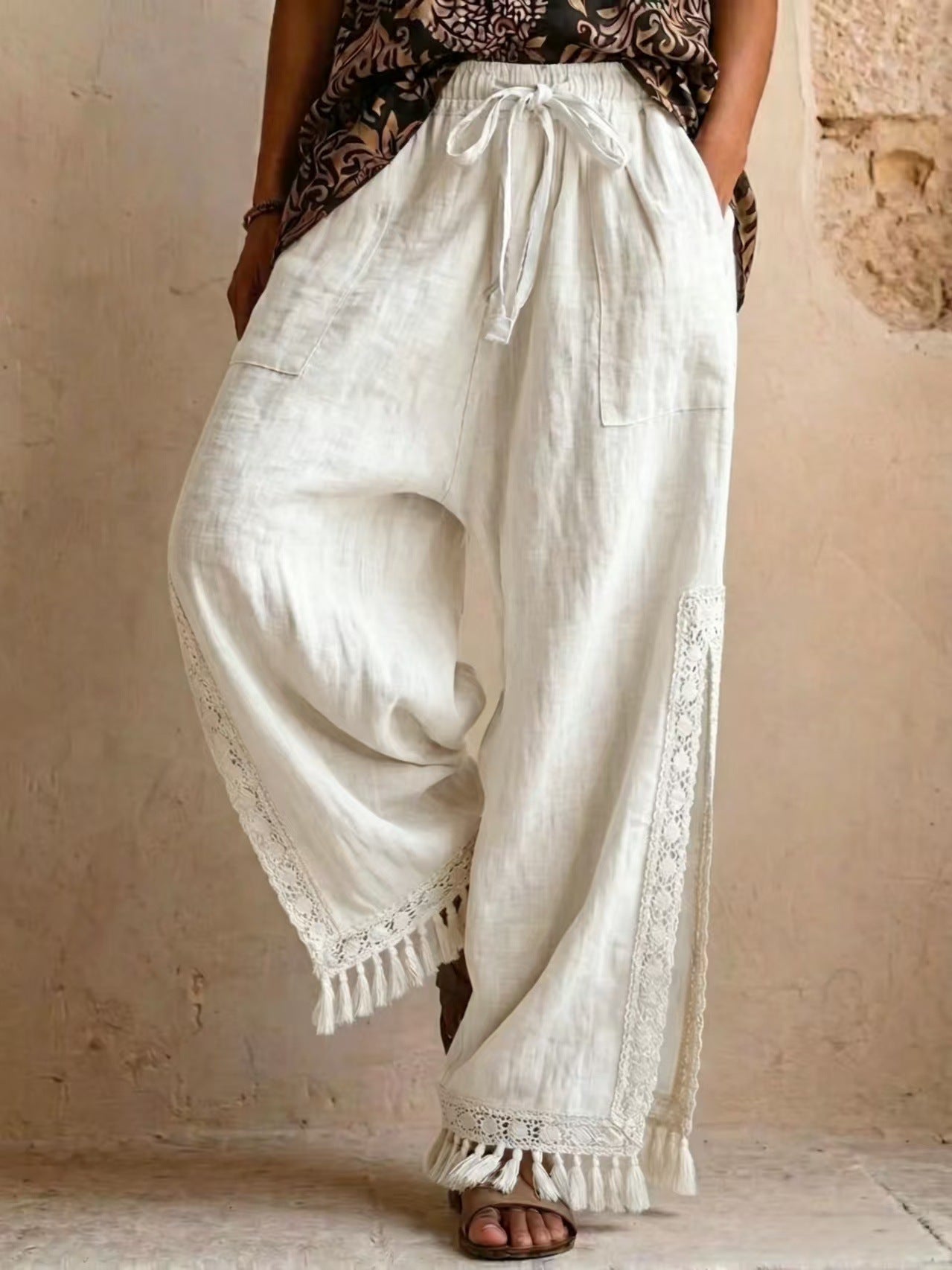 Side-slit Lace Tassel Bohemian-style Wide-leg Vacation Pants NorixaFashion.com