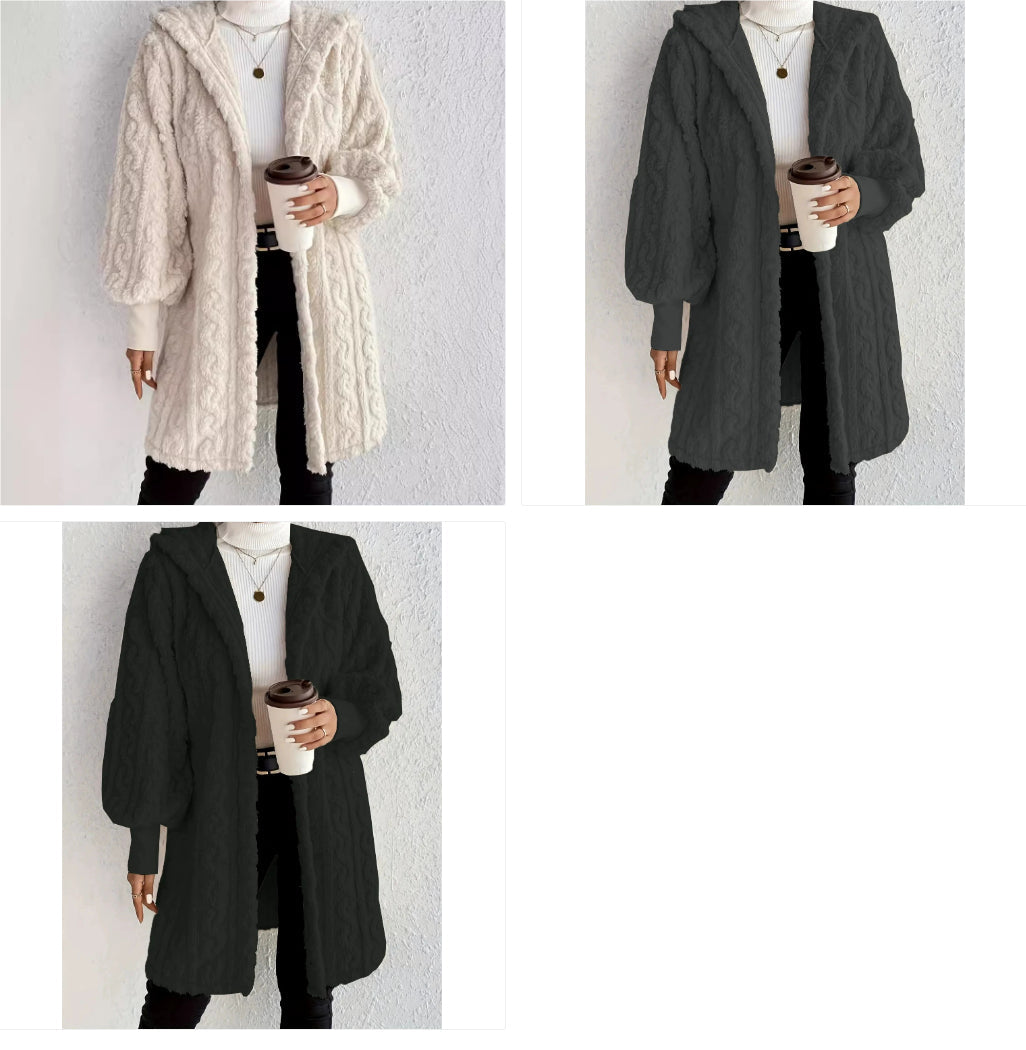 Hooded Double-sided Plush Cuff Thread Long Coat NorixaFashion.com
