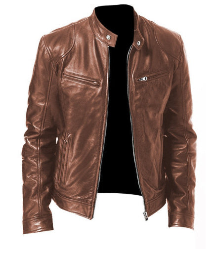 Men's Zip-up Cardigan PU Leather Jacket Fashion Pockets Stand Collar Short Tops Clothing Best YouTube Store