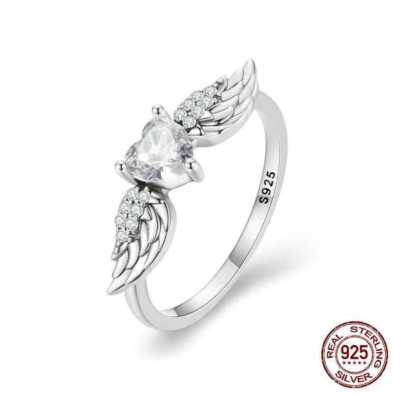 Zircon Simple Sterling Silver S925 Heart Wings Ring
