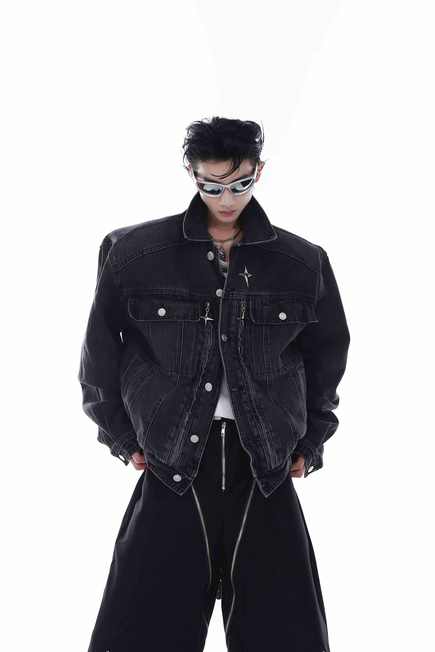 Heavy Washed Padded Shoulder Denim Coat Metal Zipper Jacket LuxuryLifeWay Online Store