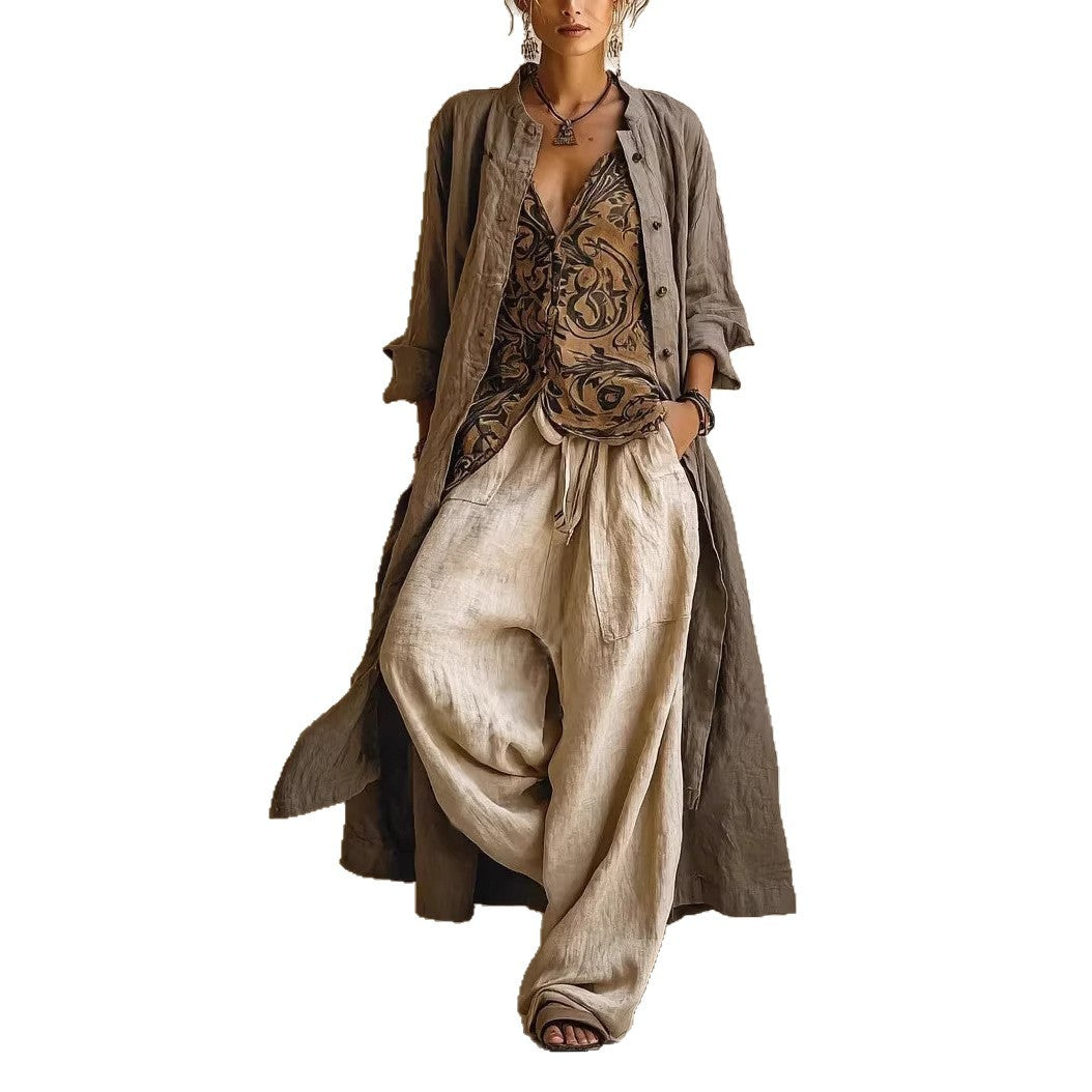 Womens Simple Loose-Fit Printed Shirt And Wide-Leg Pants 3-Piece Set NorixaFashion.com