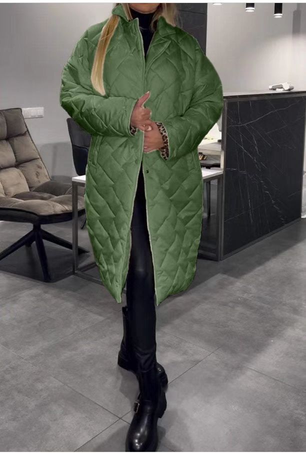 Winter Rhombus Stitching Coat Warm Solid Color Pocket Lapel Long Jacket Women's Clothing LadyShow.Store