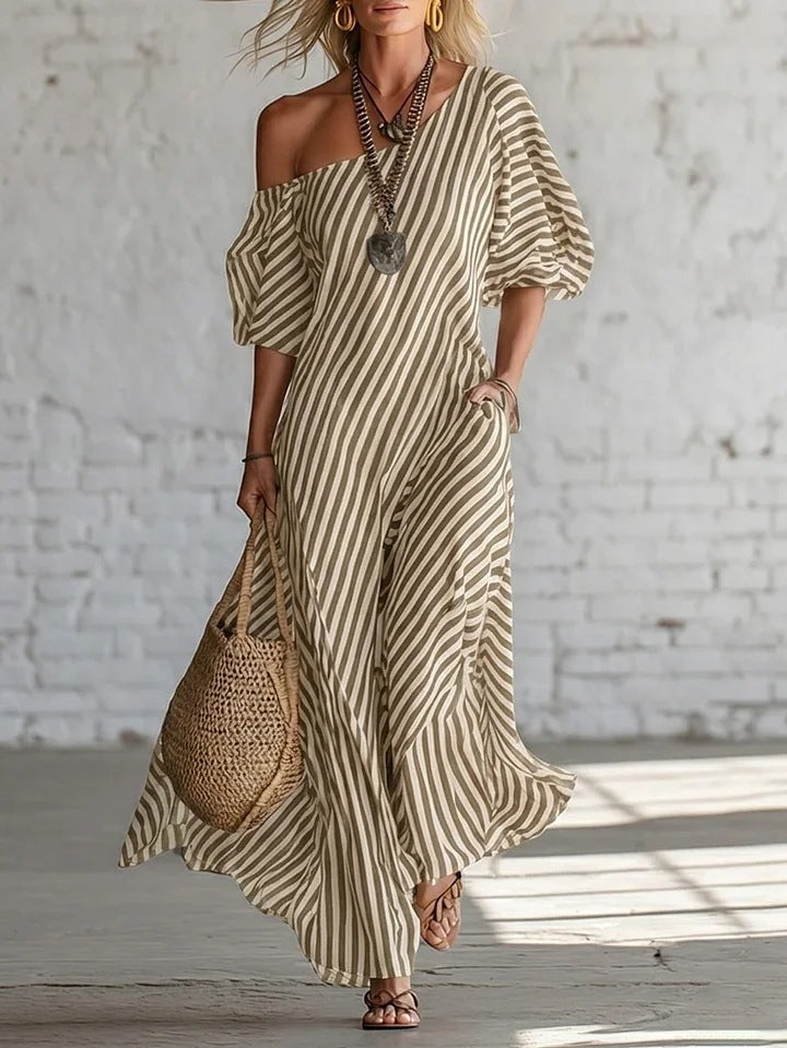 Womens Striped Off-shoulder Dress LadyShow.Store