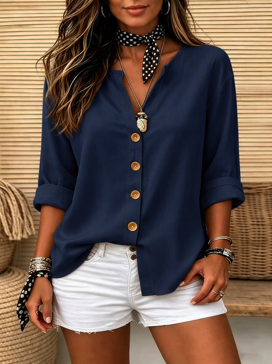 Womens V-neck Cotton-Linen Button-Down T-shirt Top NorixaFashion.com