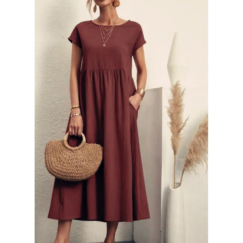 2026 New European And American Women's Round Neck Solid Color Pullover Comfortable Casual Dress NorixaFashion.com