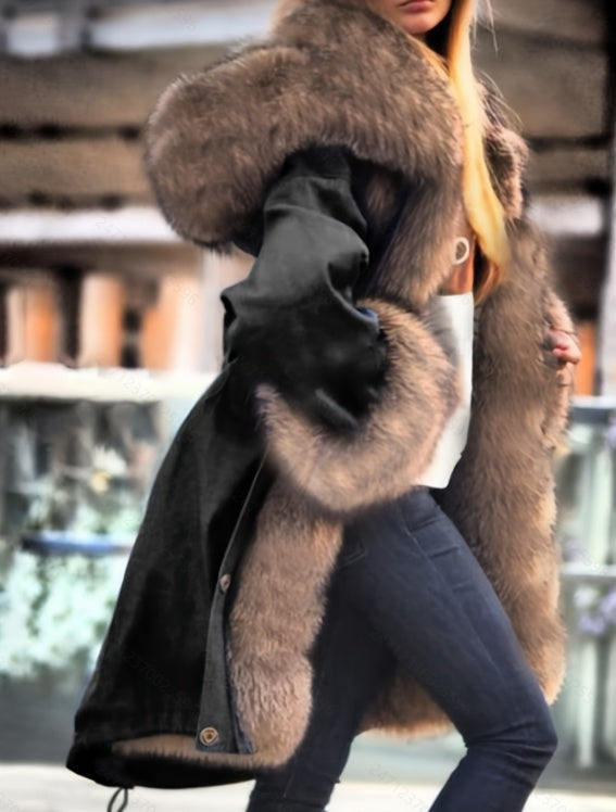 Long-sleeved Oversized Coat With A Fur Collar And Hood NorixaFashion.com