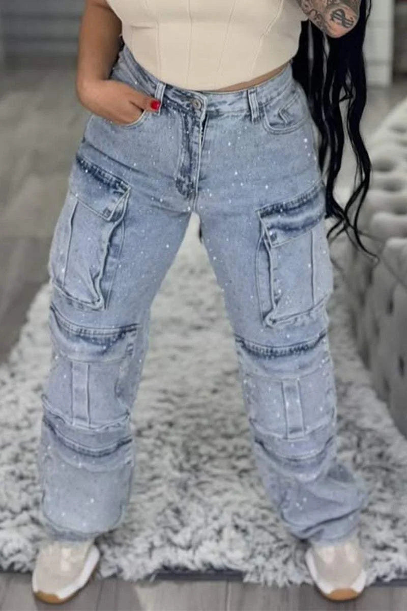 Women's Casual Jeans With Pockets And Diamonds Overalls LadyShow.Store
