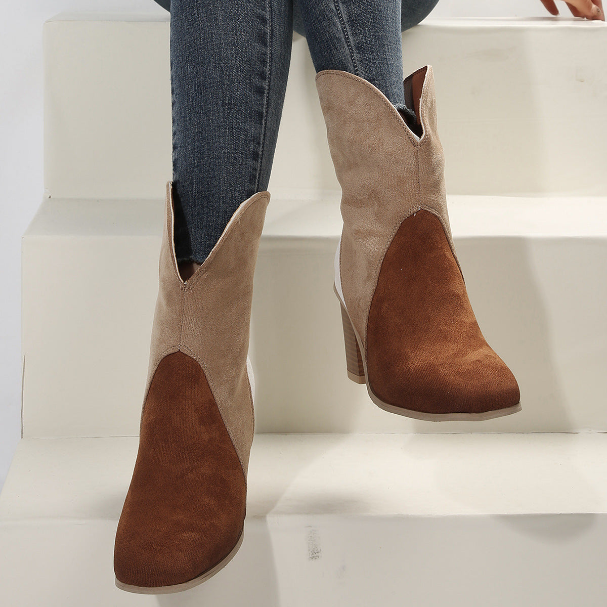 Fashion Splicing Suede Boots Retro Pointed-toe Square High Heel Mid-calf Boots For Women Fall And Winter Shoes LadyShow.Store