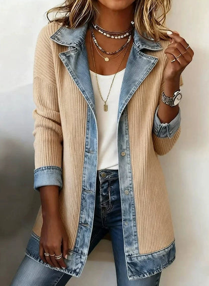 Denim Patchwork Jacket Fashion Commuter Lapel Button-down Long-sleeved Top For Women's Clothing NorixaFashion.com