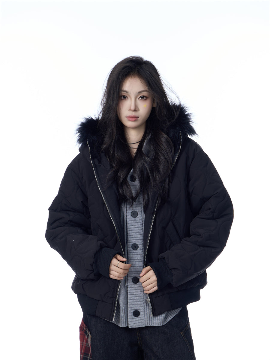 American Retro Rhombus Fur Collar Cotton Cardigan Hooded Cotton Jacket Best YouTube Store