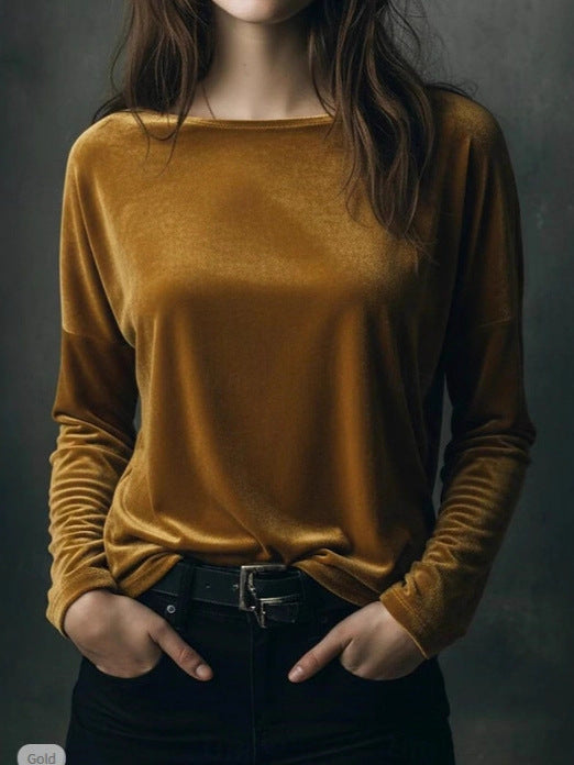 Female Solid Color Loose Fit Crew-neck Pullover Velvet T-shirt LadyShow.Store