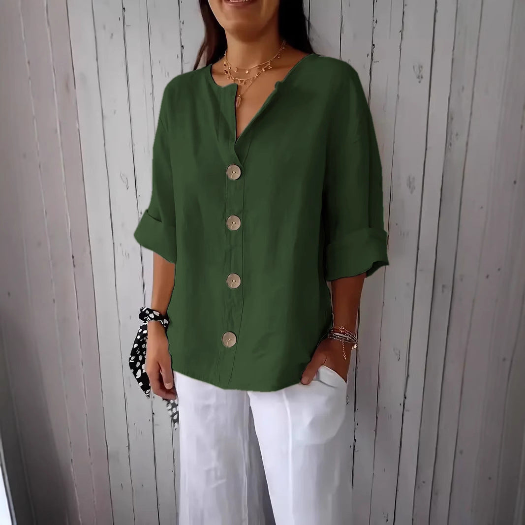Loose-fit Women's V-neck Cotton-Linen Button T-shirt Top LadyShow.Store