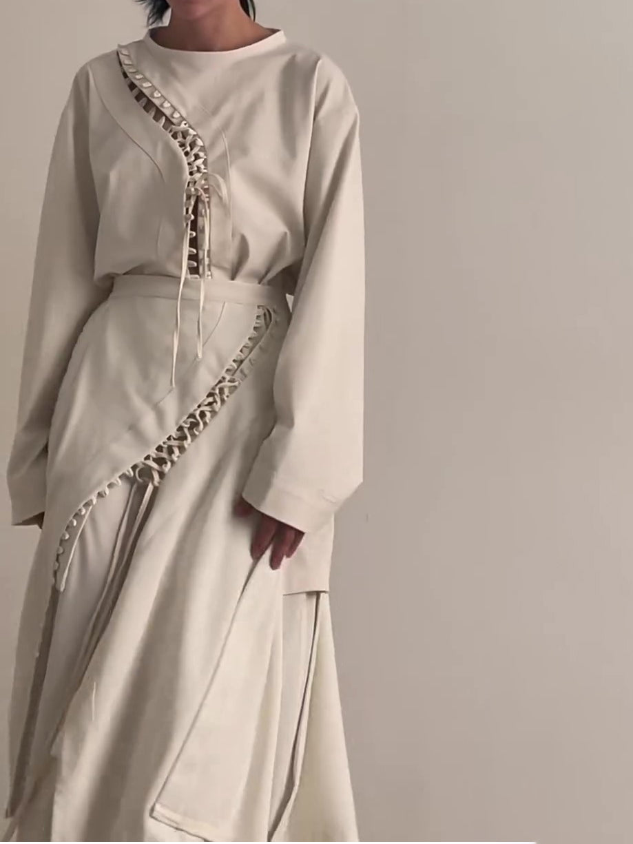 Cream Lace-Up Detail Top And Asymmetric Maxi Skirt Set NorixaFashion.com