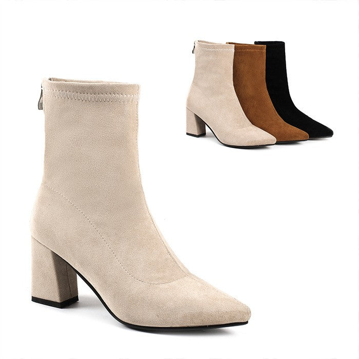 Women's Ankle Winter High-heeled Mid-tube Pointed Toe Thick-heeled Martin Boots LadyShow.Store