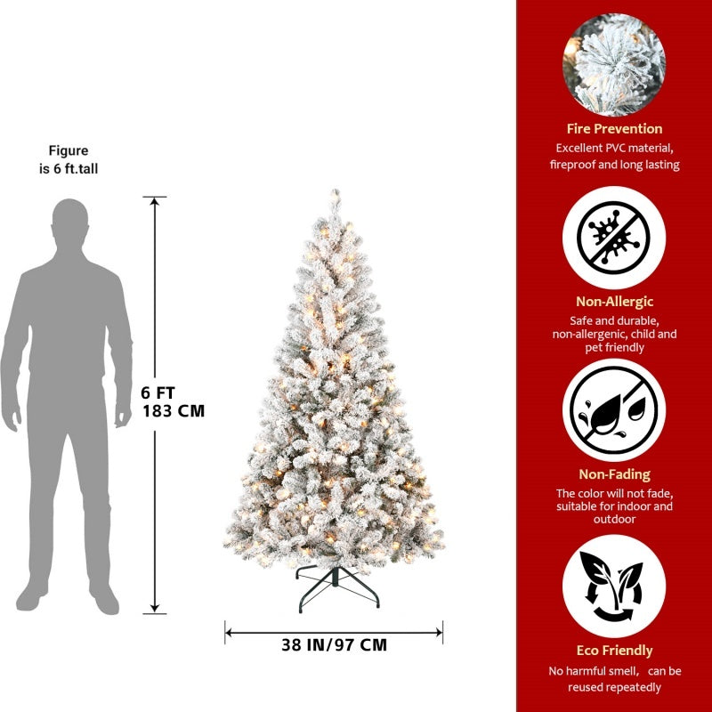 Pre-Lit Flocked Christmas Tree - PVC Artificial Xmas Tree with Lights (4ft to 7ft, FedEx Shipping from USA)
