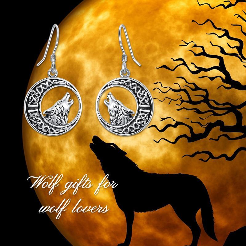 Wolf Celtic Moon Dangle Drop Earrings in Sterling Silver LadyShow.Store