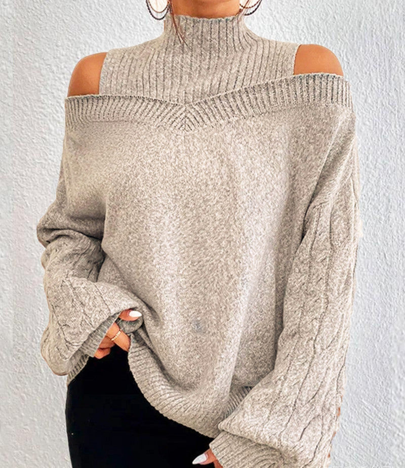 Off-the-shoulder Sweater Women's Pullover Half Turtleneck Autumn And Winter New Lantern Sleeve Sweater NorixaFashion.com