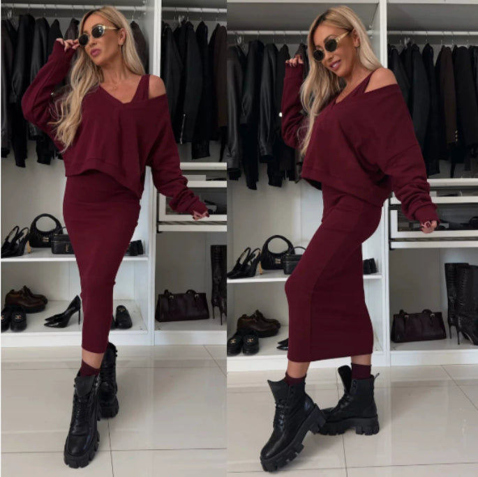 Women's Two Piece Dress Suit Fashion Long-sleeved V-neck Pullover Sweatshirt And Sleeveless Dresses Set LadyShow.Store