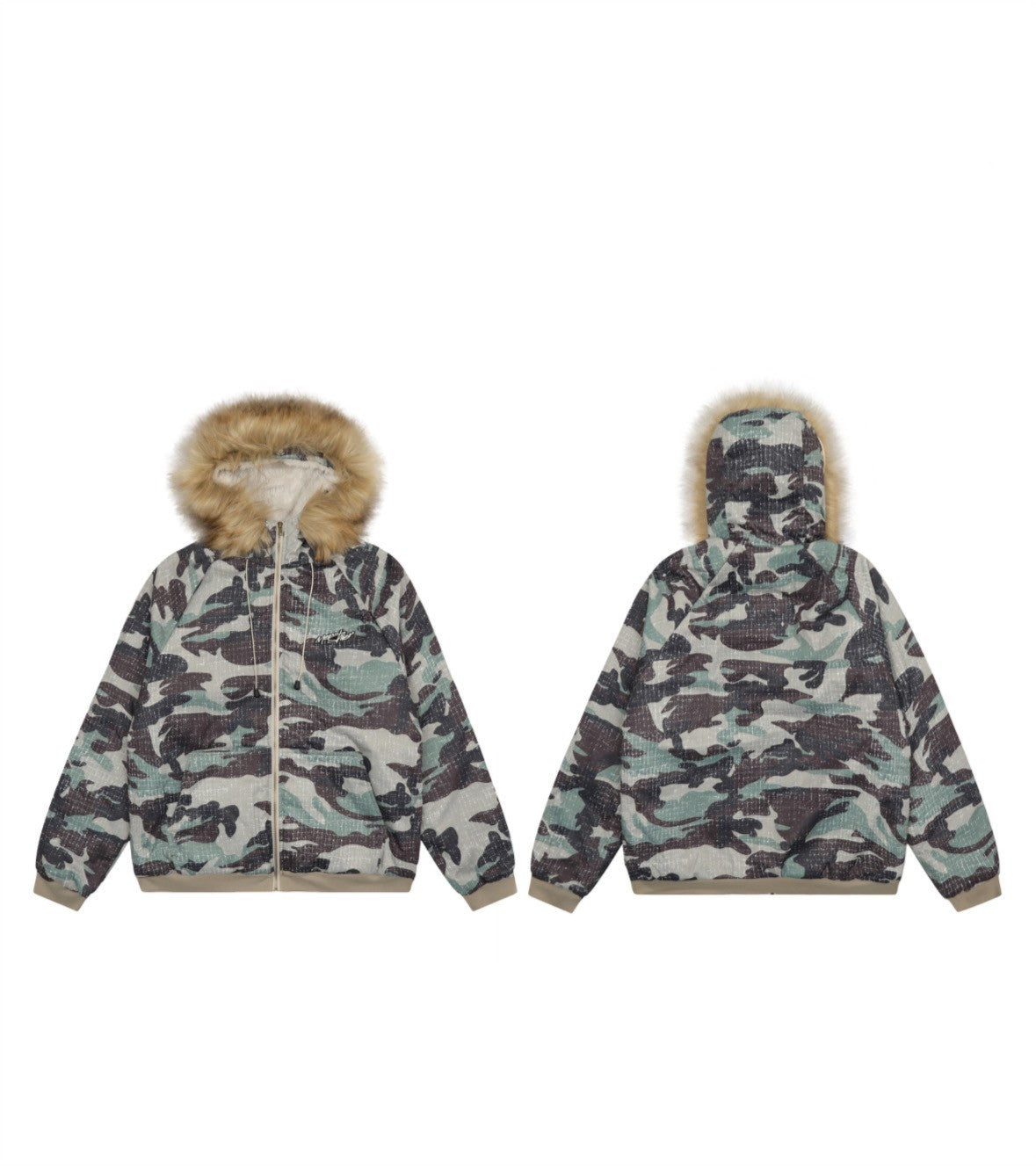American Vintage Army Green Camouflage Fur Collar Hood Jacket