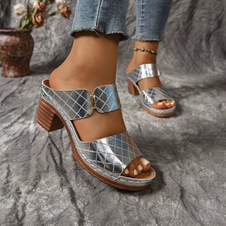 Chunky Heel Sandals Summer Round Toe Plaid Slides Slippers Fashion Outdoor High Heels Shoes For Women CJD