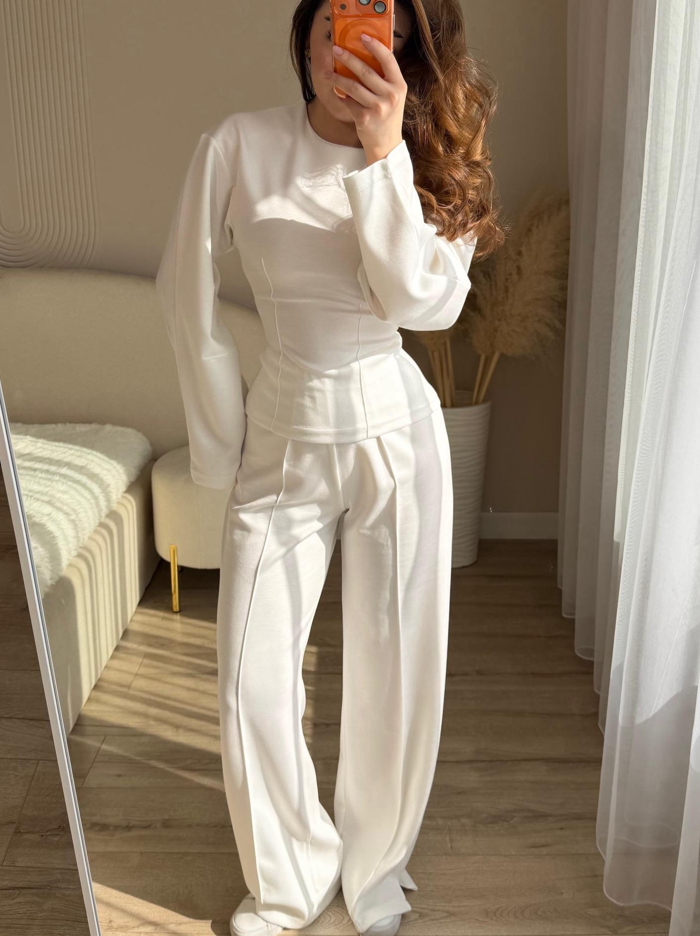 Fashionable Long-sleeved O-neck Pleated Top And Wide-leg Pants Set NorixaFashion.com