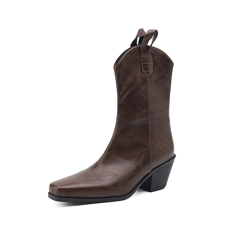 Retro Square-toe V-cut Mid-calf Boots With Chunky Heels LadyShow.Store