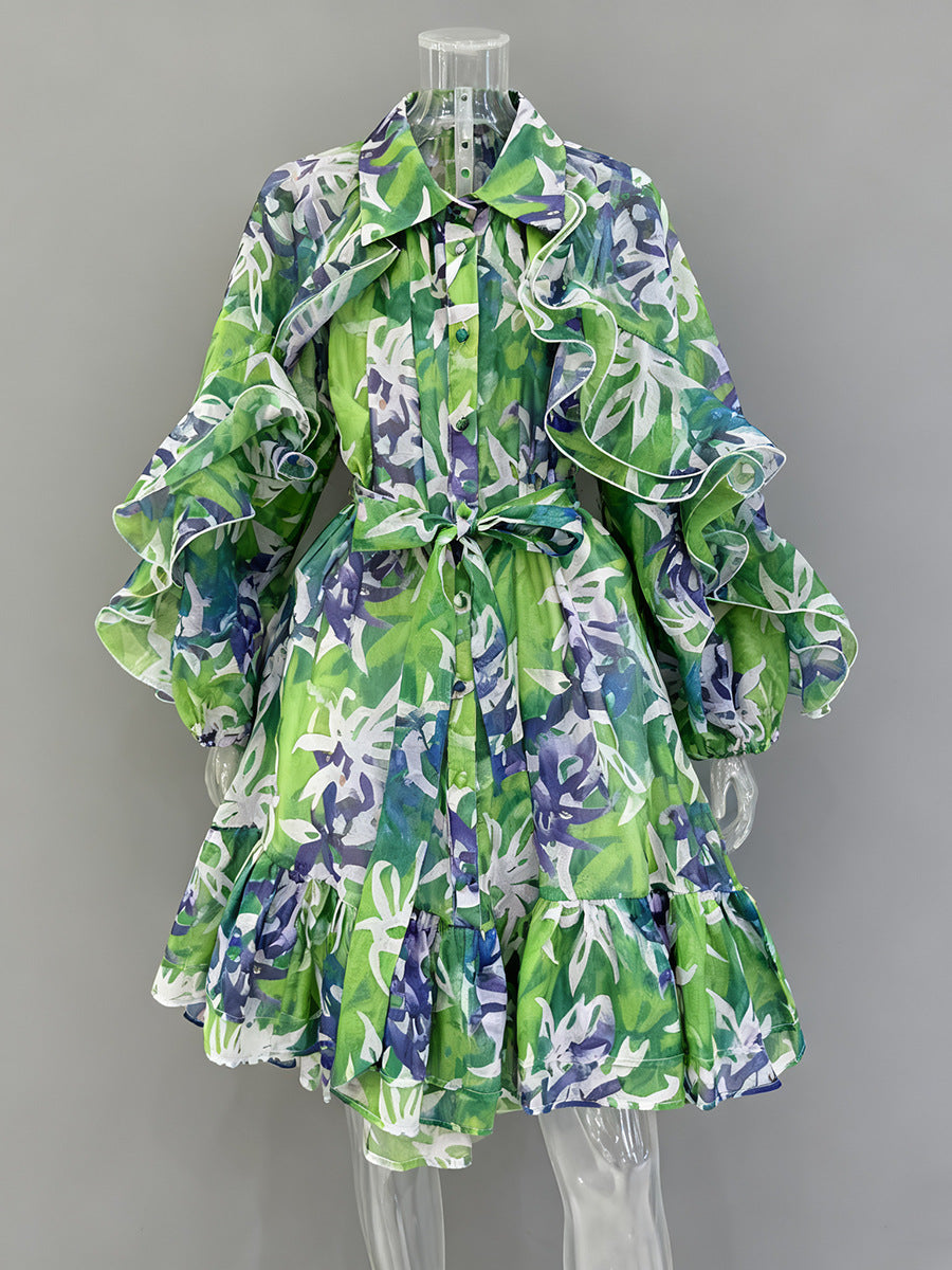 Single-breasted Stylish Tie-waist Collar Long-sleeved Dress NorixaFashion.com