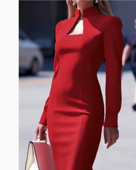 Autumn And Winter Commuting Banquet Party High-neck Long-sleeve Slim-fit Slimming Dress For Women LadyShow.Store