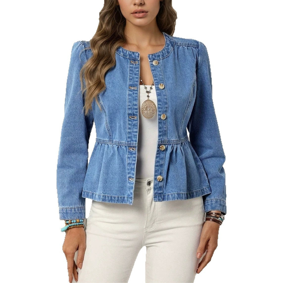 Cross-Border Denim Jacket For Women, Short Style, 2026 Spring And Autumn New Popular Model, European And American Casual Versatile Round Neck Puff Sleeves NorixaFashion.com