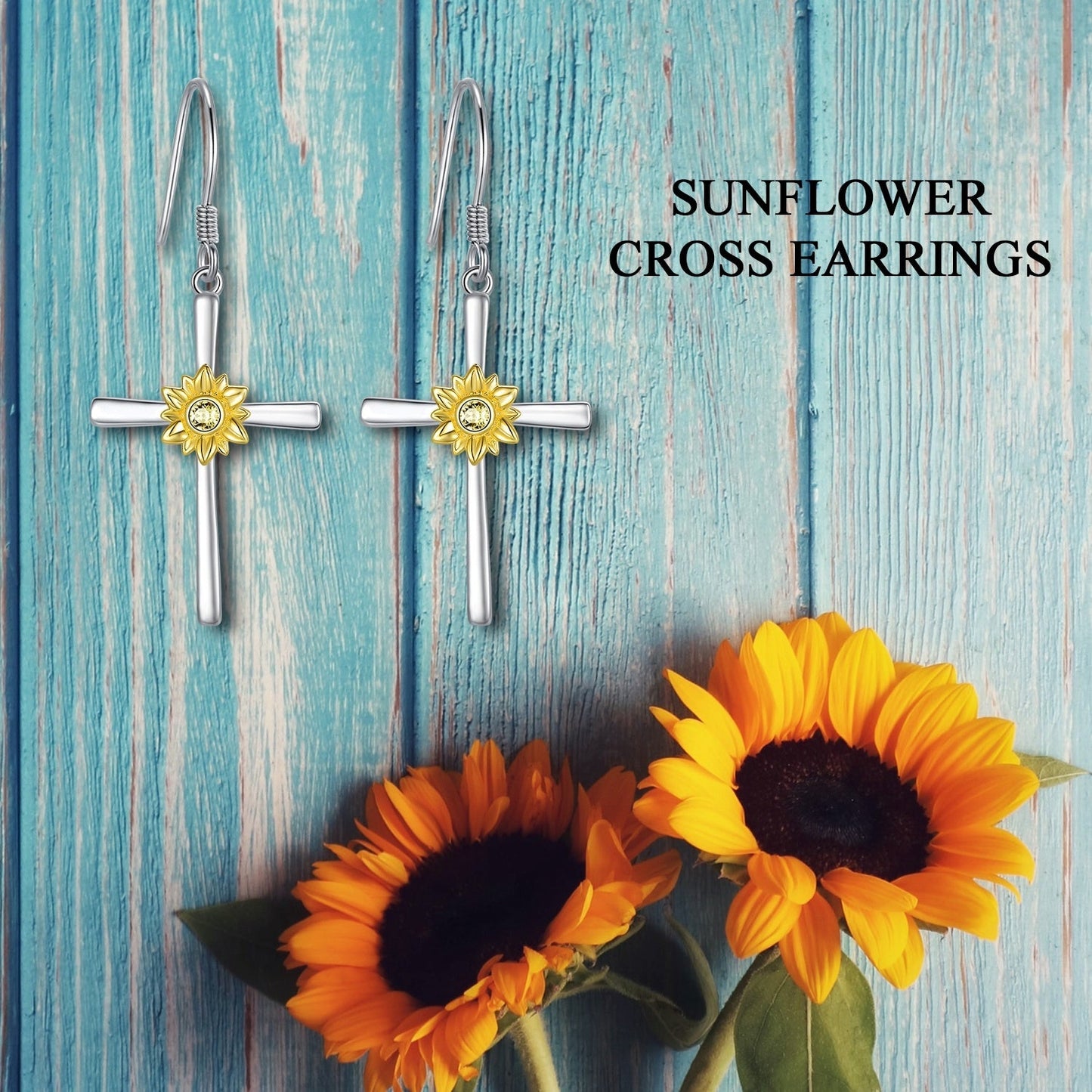 Sunflower Earrings Sterling Silver Cross Dangle Drop Hooks Earrings Sunflower Flower Jewelry Gifts for Women Teens Birthday LadyShow.Store
