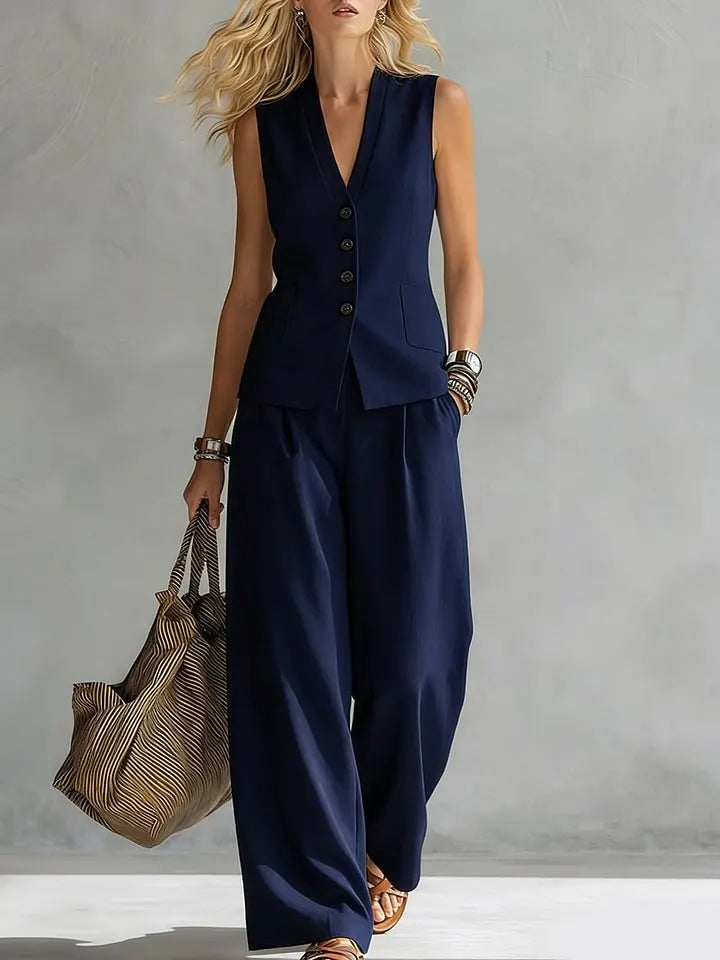 Two-piece V-Neck Sleeveless Vest And Wide Leg Pants For Women Summer Solid-Colored Sleeveless Casual Linen Tank Top And Pants Set NorixaFashion.com