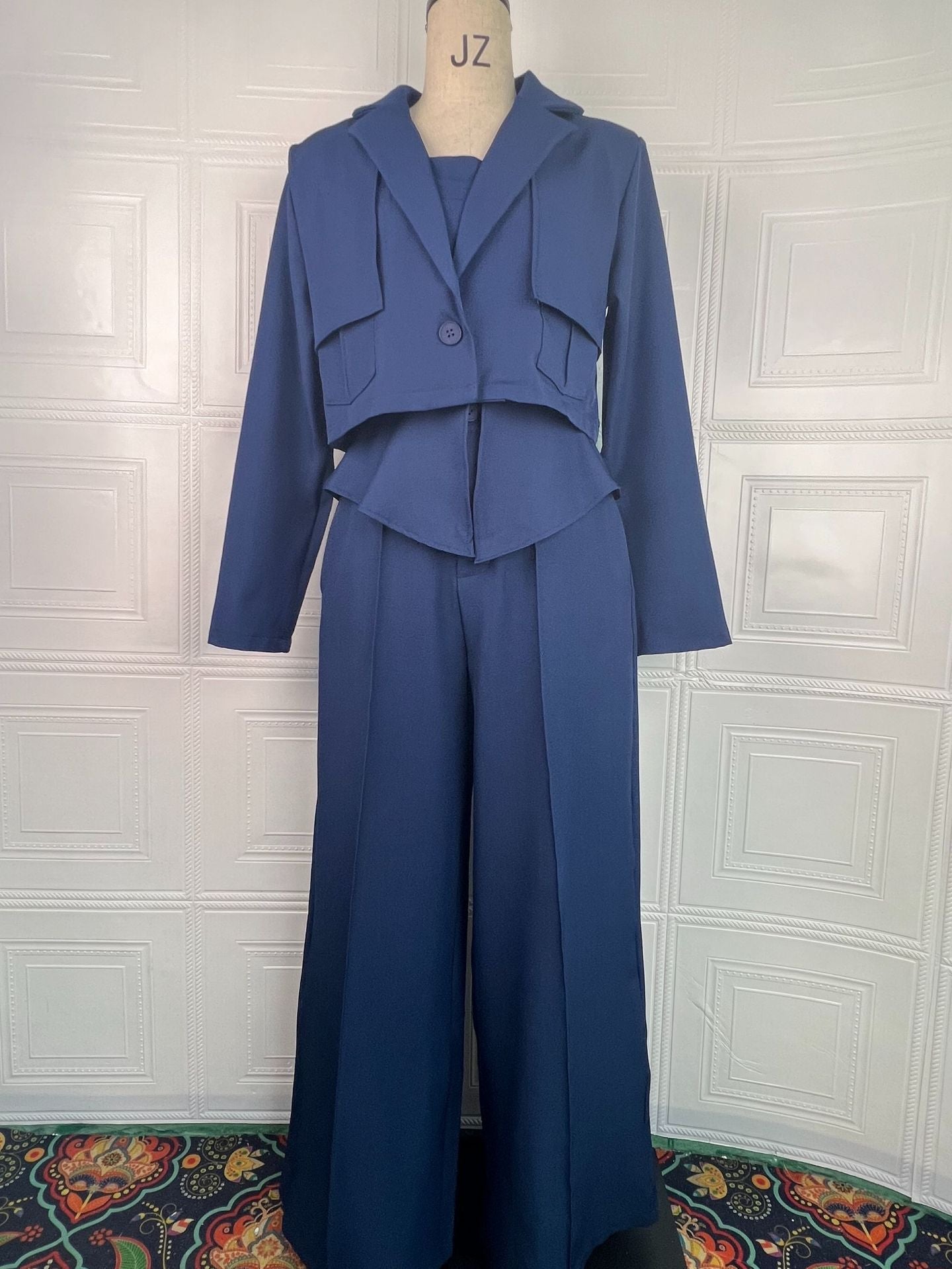 Womens Solid-color Elegant Blazer And Wide-leg Suspender Pants Set NorixaFashion.com