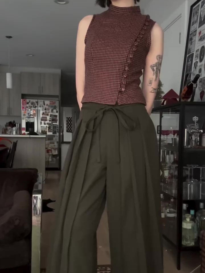 Red Black Gingham Turtleneck Sleeveless Side Ruffle Crop Top NorixaFashion.com