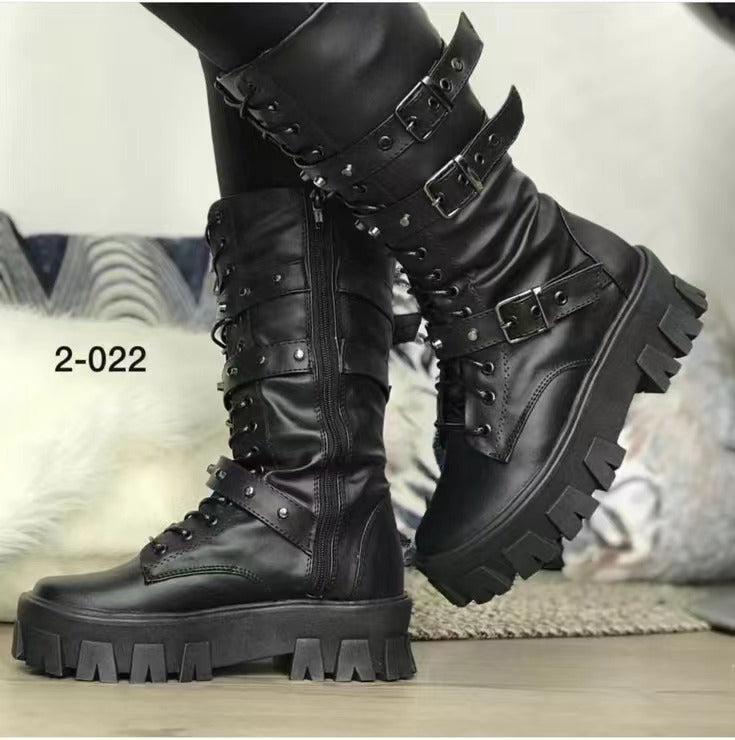 Women's Martin Boots Lace Up Combat Boot Mid Calf Platform Shoes Western Boots LadyShow.Store